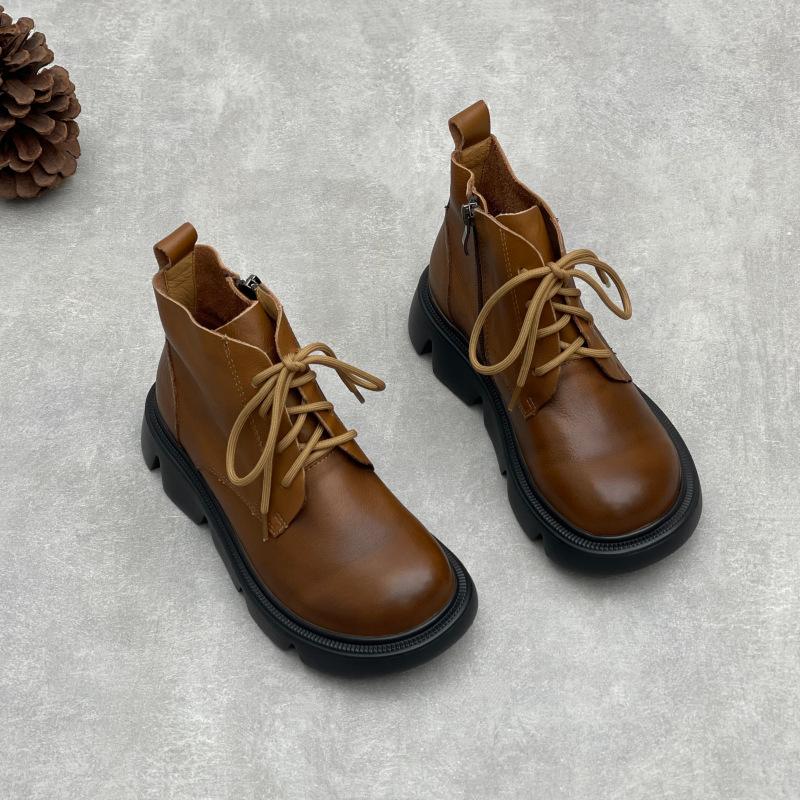 Johnature Ретро ботинки на толстой подошве с круглым носком, универсальные, из натуральной кожи, женские