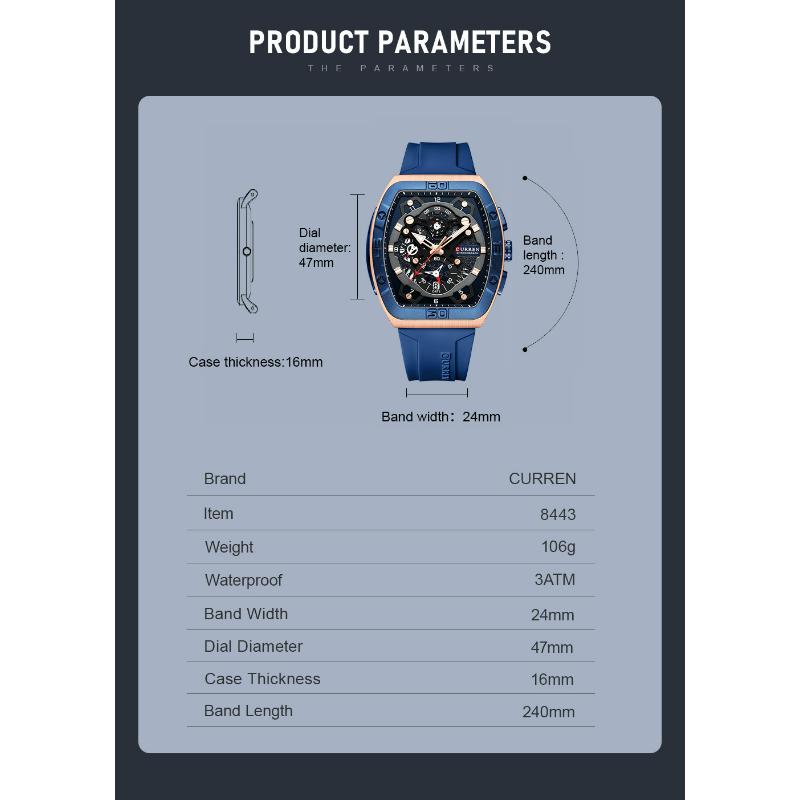 CURREN Роскошные спортивные кварцевые наручные часы для мужчин, цветные многофункциональные часы типа «тонно» с автоматической датой