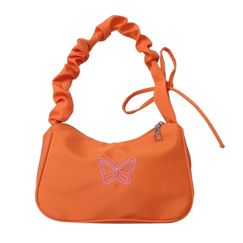 Вышитая сумка через плечо с бантом - Стильная сумка-тоут из нейлона с ручкой-рюшем, сумка для макияжа и помады, сумочка