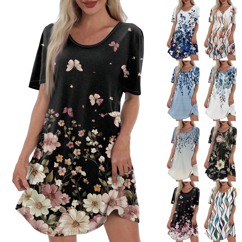 Women's Casual And Fashionable V-neck Short Sleeve Printing Mid Length Dress