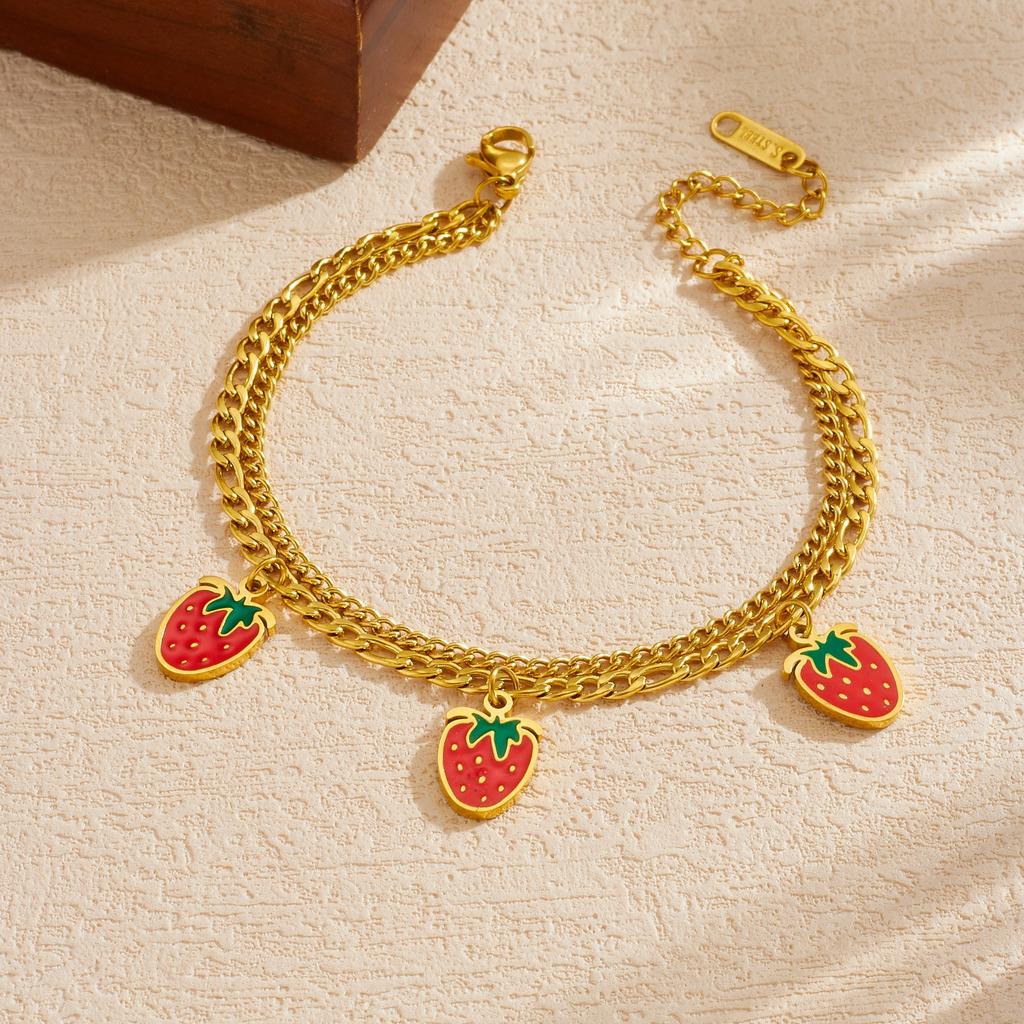316L Stainless Steel Cute Fruit Strawberry Charm Bracelet For Women Girl Fashion New Trendy Jewelry Party Gift
