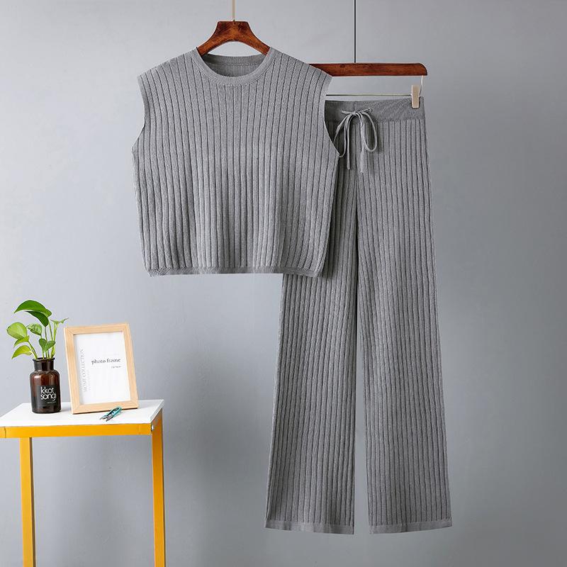 2025 Women Summer Knit 2 Piece Outfits Solid Sleeveless Split Tank Tops Knitted High Waist Wide Leg Pants Set Loungewear Gray