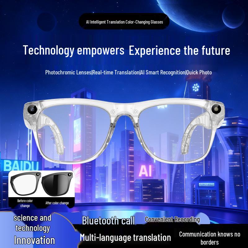 AI Smart Glasses with Photochromic Lenses - Multifunctional: Music, Call, Translation, and Photo Recording (Model M65)