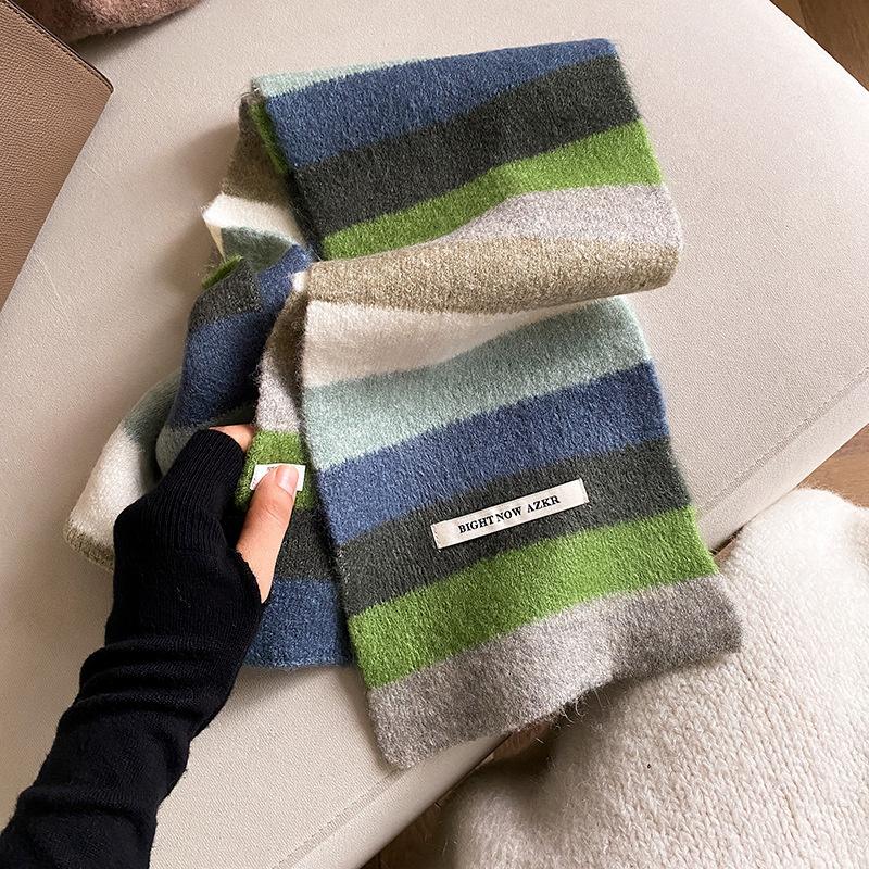Rainbow Stripes Mohair Scarf Men And Women In Winter Colour Blocking Stripes Wool Short Scarf Students Warm Short Scarf