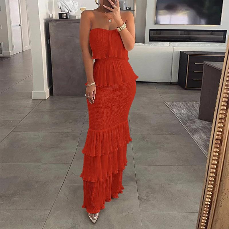 Women S Strapless Ruffled Solid Color Fitted Maxi Dress