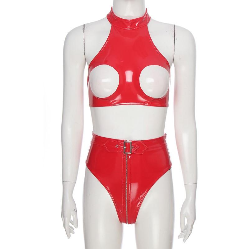 Женское нижнее белье с мокрым эффектом, без рукавов, с лямкой на шее, с открытой грудью, укороченный топ с высоким вырезом и поясом на молнии спереди, трусы для вечеринок и клубов