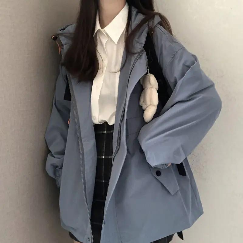 Женская однотонная куртка большого размера Harajuku корейская повседневная свободная куртка с капюшоном весна-осень на молнии для школьниц винтажная уличная одежда