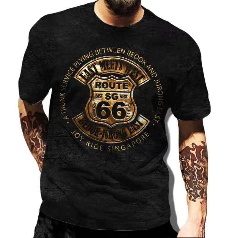 Summer T-Shirts for Men Short Sleeved Vintage Clothes Route 66 Graphic Top Casual O Neck Tee Oversized 3D Print T Shirt Pullover