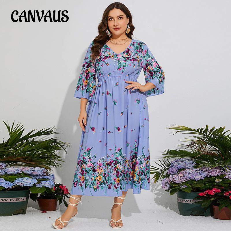 Spring Summer Women's Dress Plus Size Floral Chiffon Elastic Waist Flared Sleeve Vacation Long Dresses