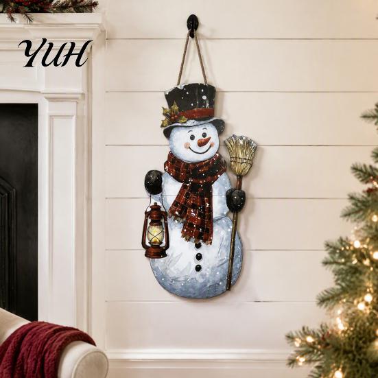 Large Holiday Door Hanger Vintage Christmas Welcome Sign, Rustic Santa Claus Snowman Wooden Hanging Ornament for Shop Wreath, Farmhouse Decorative