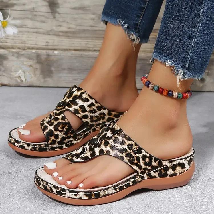 Fashion Sandals Women Retro Heels Sandals Summer Shoes Women Slip On Leopard Wedge Sandalias Mujer Soft Heeled Slippers Indoor Outdoor