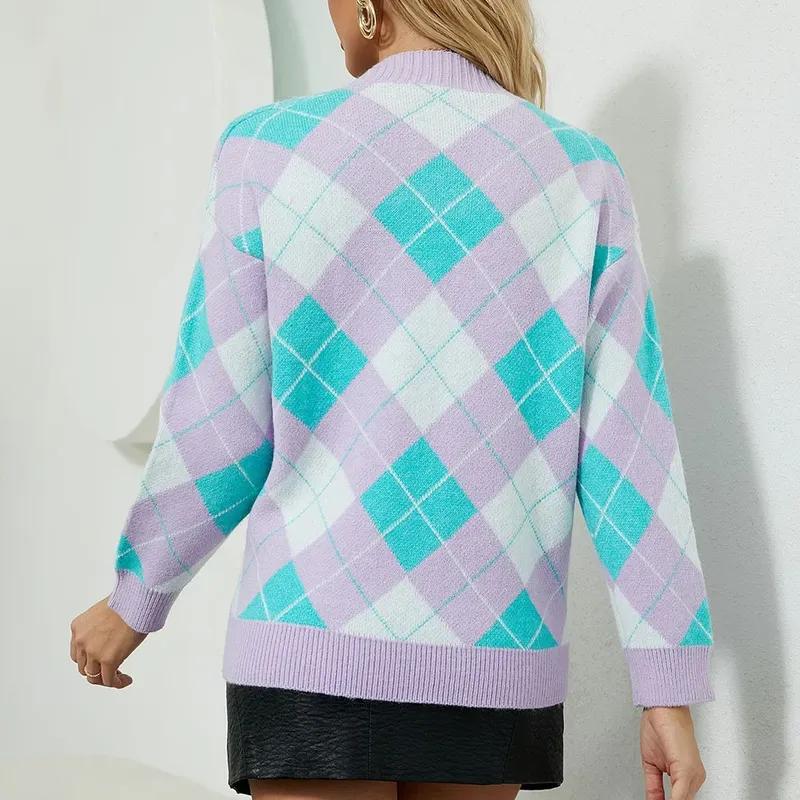 Повседневный вязаный кардиган с геометрическим принтом, осенне-зимний контрастный свитер, пальто, универсальный свитер с длинными рукавами и v-образным вырезом, куртка 30099