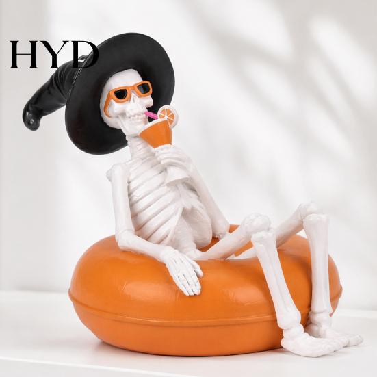 Desktop Halloween Decor Ornament, Creative Resin Statues, Float Ring Skeleton Ghost Figurines, Pool Party Scene Decorations, Home Outdoor