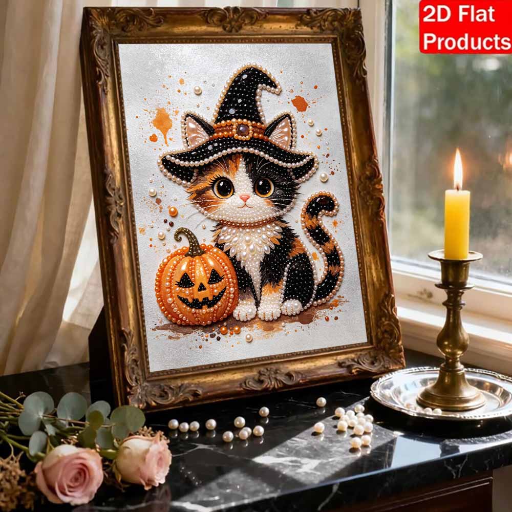Набор для DIY-рисования жемчугом без рамки Милый кот Ведьма Тыква 3D Блестящая картина из бисера на холсте Расслабляющее творческое рукоделие Подарок Декор для дома
