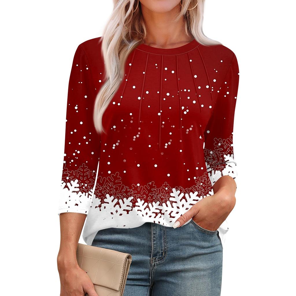 Женская модная футболка с круглым вырезом и рукавом 3/4 с принтом, повседневная, базовая, плиссированная, пуловер