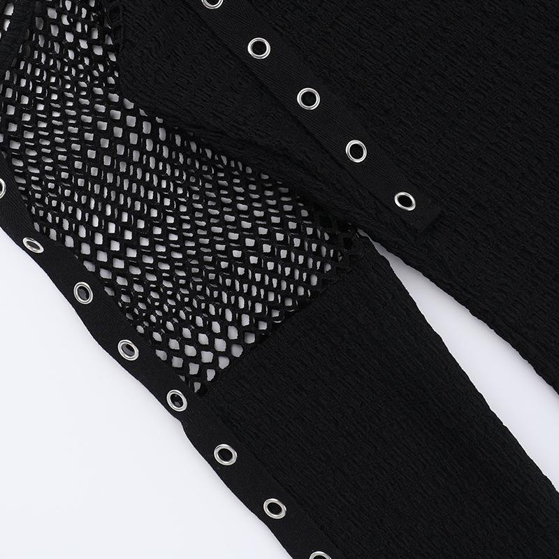 AltGoth Mall Gothic Sexy T-shirt Women Streetwear Harajuku Y2k E-girl Mesh Patchwork Hollow Out Long Sleeve Halter Crop Tee Tops