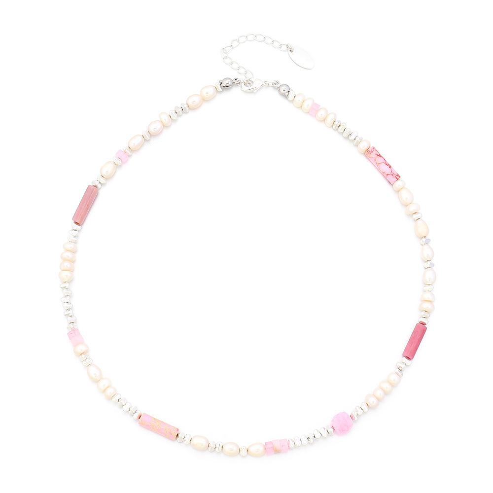 GEMCHIC Women's Natural Stone Beaded Necklace Pink Pearl Titanium Steel Geometric Pendant Choker