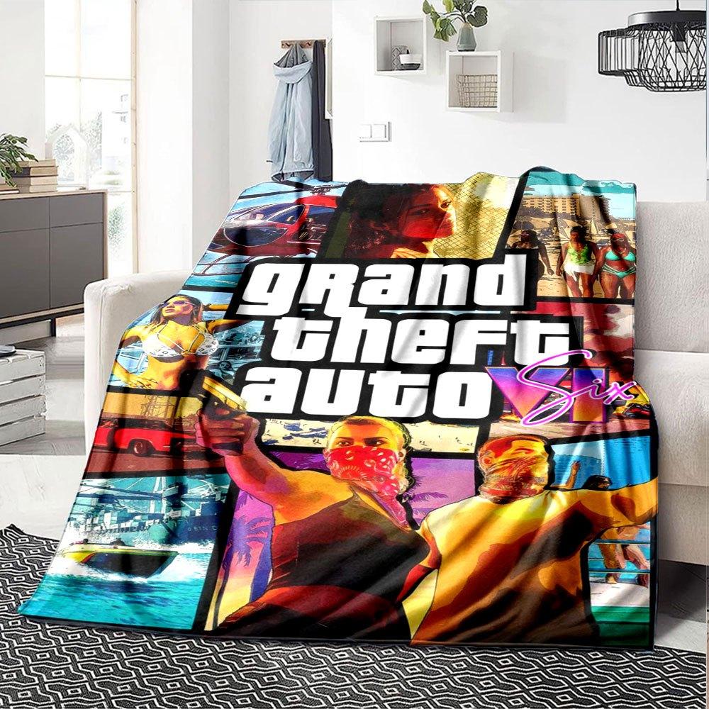 1 шт. Мягкое фланелевое одеяло Grand Theft Auto с дизайнерским принтом. Уютное одеяло для всех сезонов, идеально подходит для дивана, кровати, офиса