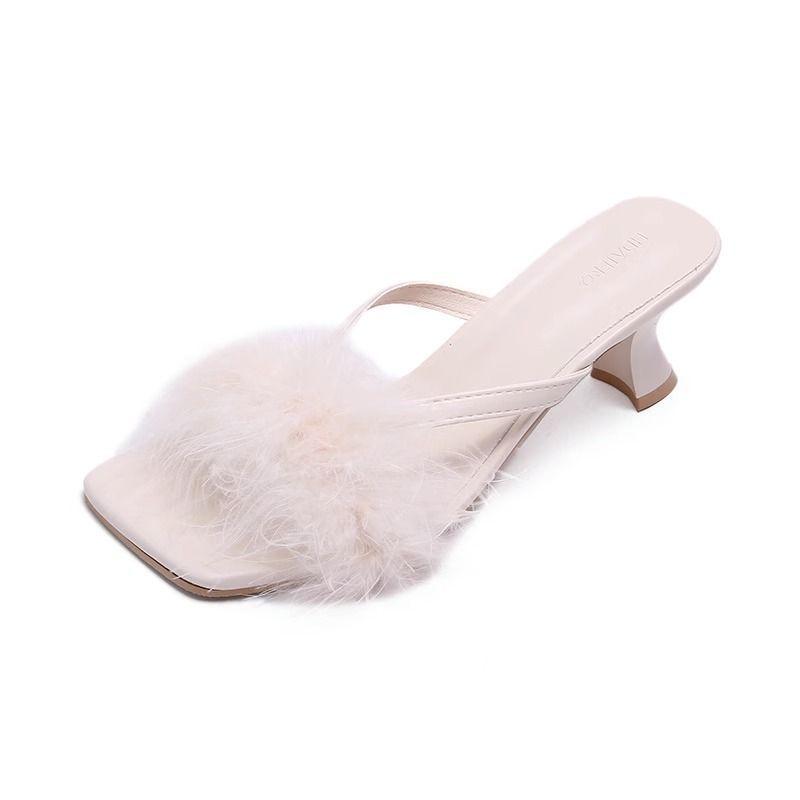 French Small Sandals, Women's Shoes, Spring and Summer New Thick Heels, Not Tired Feet, Evening Breeze Square Head One-word Slippers