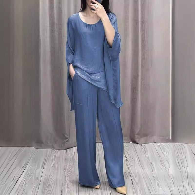 Весенний ретро-наряд с пайетками, женский повседневный комплект из 2 предметов, топ с круглым вырезом, пуловер + длинные брюки, летний свободный костюм с рукавами «летучая мышь»