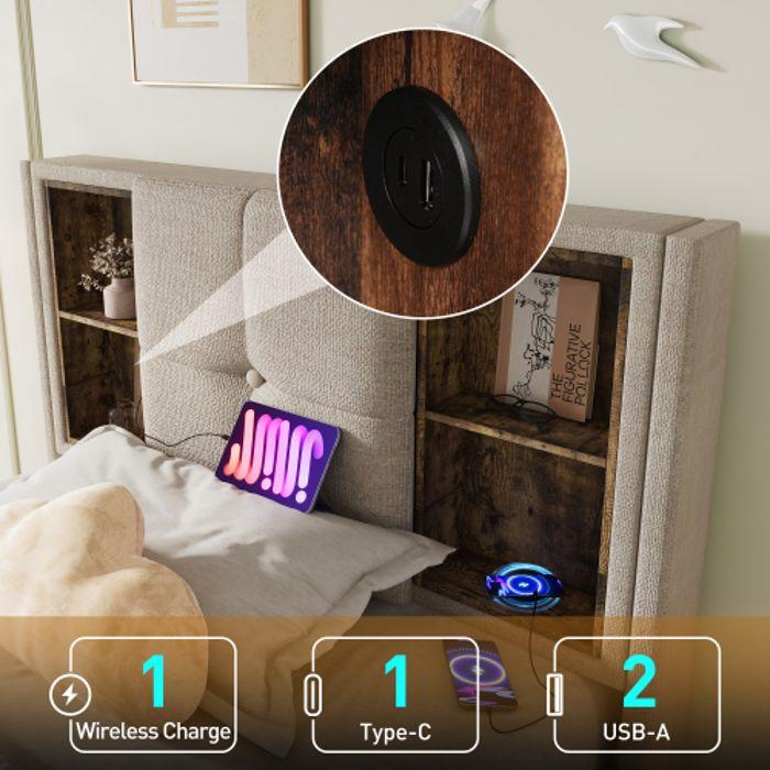 Lit simple - MUVOE - 90x200cm - Recharge sans fil USB C - Rangement intégré - Matelas inclus