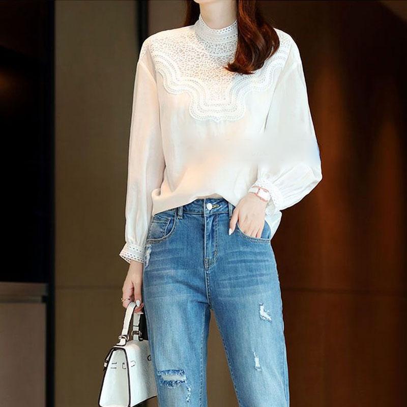 Женская блузка с воротником-стойкой для работы, однотонная, весенне-осенняя, с длинным рукавом, стильная, корейская, кружевная, с ажурной вставкой, рубашка