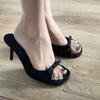 Slipper Mules Low High Heels Shoes 2024 Summer Best Street Look Females Square Head Open Toe Bow Strappy Sandals Women