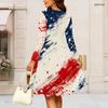 Women Plus Size Round Neck Long Sleeve Firework Printed Gathered Waist A Line Navy Blue Dress