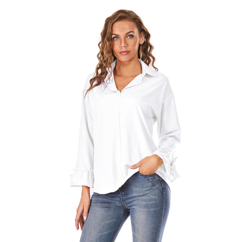 Womens Solid Color Loose Flared Sleeve Tops Ladies Long Sleeve Buttons T Shirt Blouse