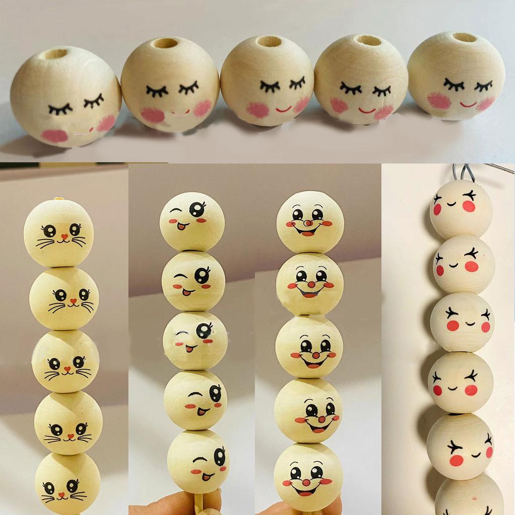 100 Pcs Wooden Beads 20mm Natural Wood Beads Wooden Ball with Face for DIY Jewellery Bracelet Necklace Craft Decoration