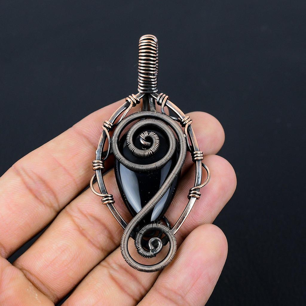 Кулон из черного оникса с драгоценным камнем из чистой медной проволоки, обернутый ювелирными изделиями ручной работы для новогоднего подарка