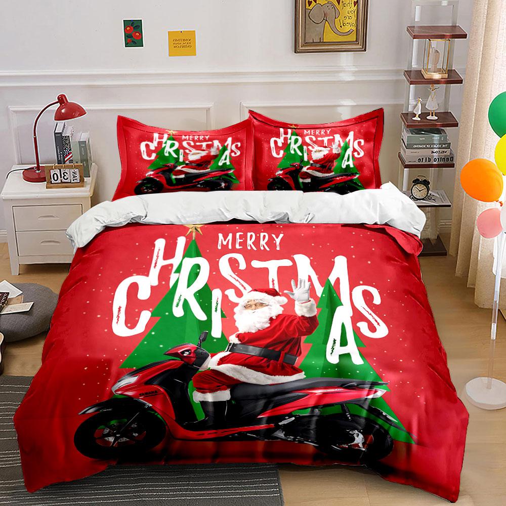 Santa Riding Red Scooter Scene Bedding Duvet Cover Set Duvet Cover Pillowcases (1*Duvet Cover 2*Pillowcases, without duvet insert)
