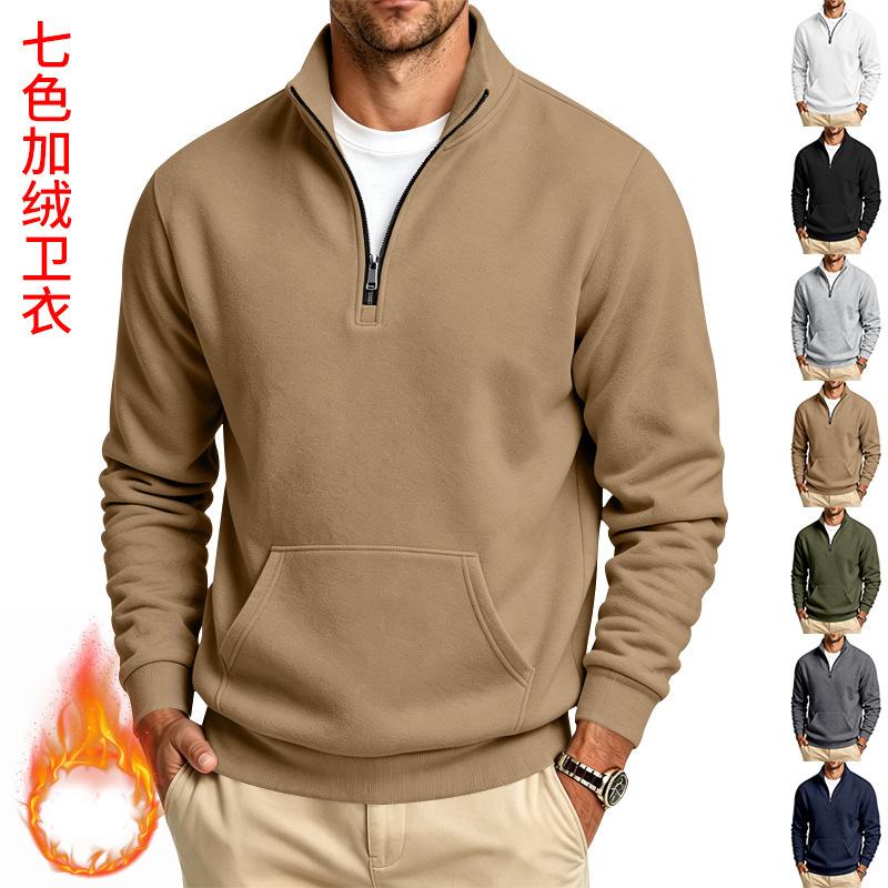Men S Casual Fleece Lined Stand Collar Zip Pullover Solid Color Sweatshirt