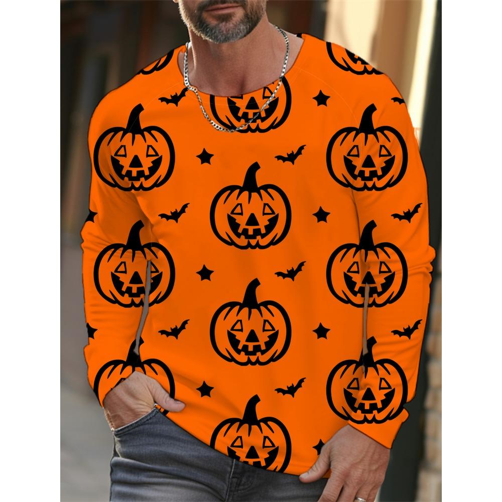 Autumn and Winter Men's Long Sleeve Halloween 3D Printed Pumpkin Print T-Shirt Men's Streetwear Round Neck Long Sleeve