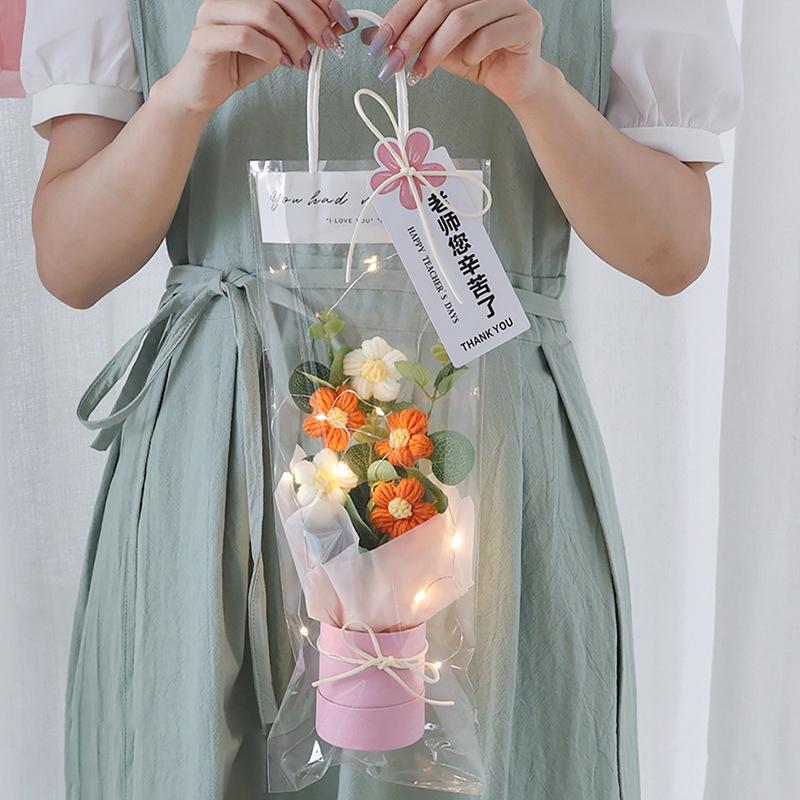 LED Knitted Flower Bouquets Finished Woven Bouquet Crochet Flower Decorations Artificial Flowers Wedding Decor Birthday Gifts