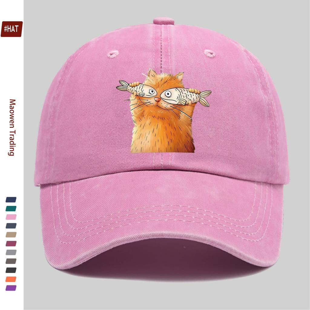 pc Unisex Playful Cat and Fish Pattern Print Baseball Cap Ideal Decorative Hat for Pet Lovers Multiple Colors Available Comf