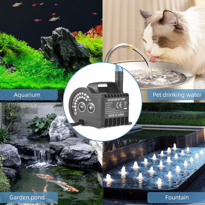 Submersible 12V Water Pump 8 Levels Adjustable 0-700L/H Fountain Pump with 0-9.8ft Lift, DC Female Plug and Suction Cup Base