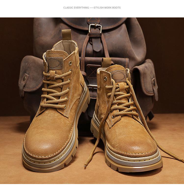 Мужские ботинки Мартин из натуральной кожи с высоким берцем - Желтые ретро зимние ботинки для снега с плюшевой подкладкой