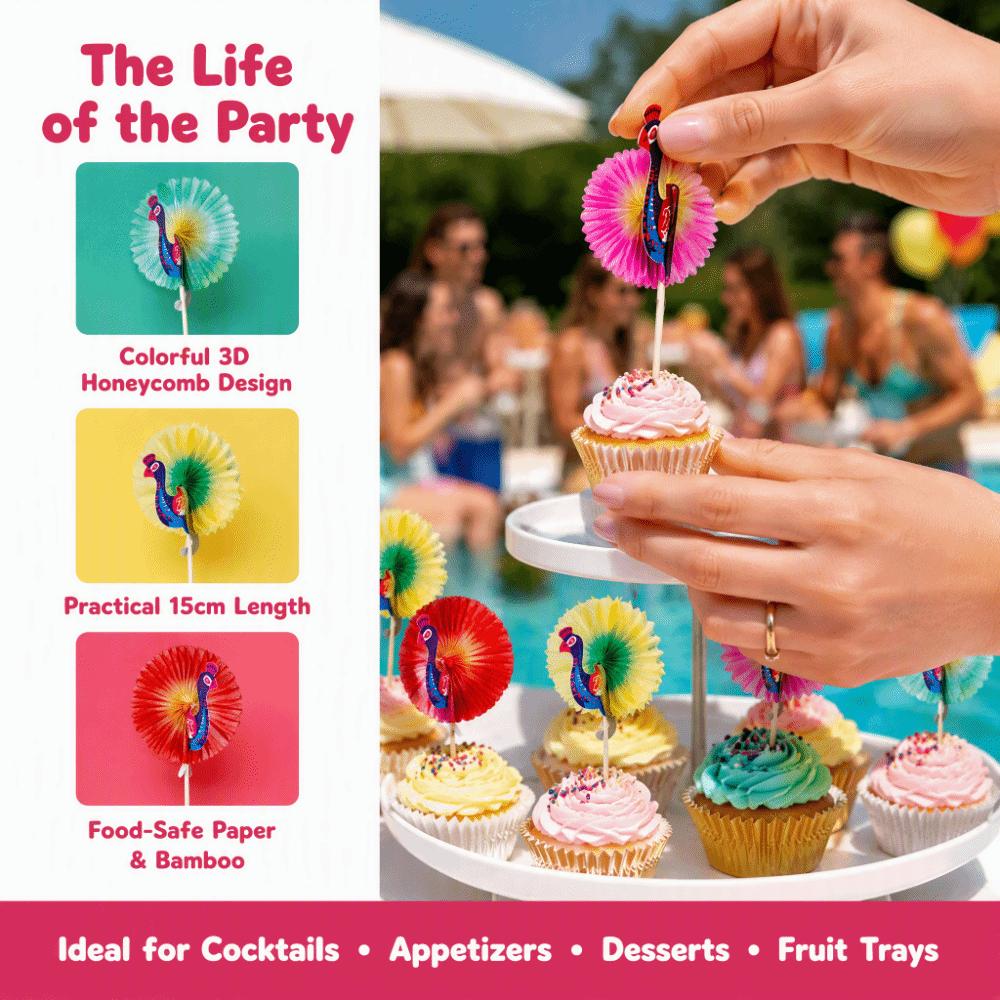 50PCS Peacock Shape Cocktail Picks Colorful Paper Umbrella Wooden Skewers Bar Restaurant