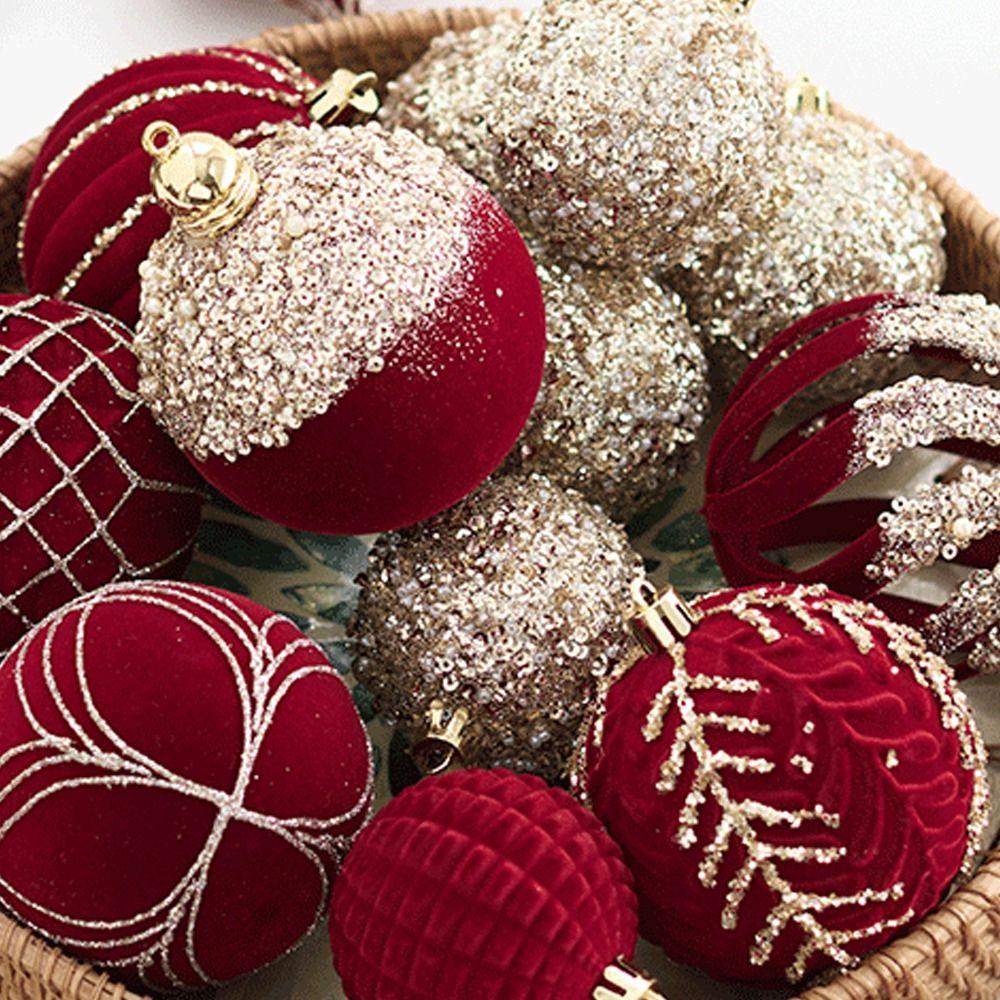 Wine Red Flocked Christmas Balls Pendant Glitter Shatterproof Xmas Tree Pendants Reusable Christmas Hanging Balls Hotel Mall