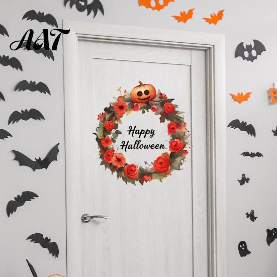Party Supplies for Home Halloween Wreath Wall Stickers, Happy Garland Decals, Retro Autumn Pumpkin Easy Peel And Stick Murals & Rose Waterproof
