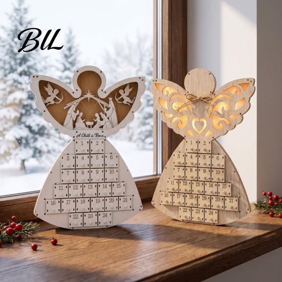 Holiday Countdown Calendar Wooden Angel Christmas Advent with 24 Storage Drawers, Gift for Kids to Tabletop Decoration Winter Party Favors Organizer