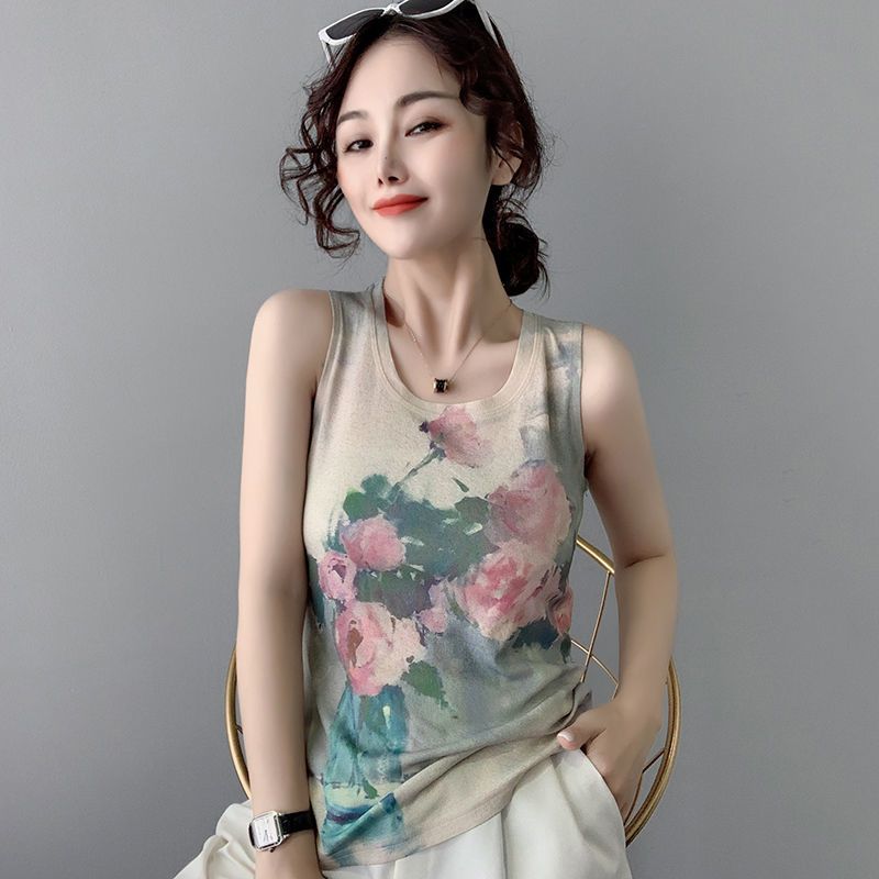 Women's Vest for Summer Wear, Knitted Thread Sleeveless T-shirt, Floral Thin Vest