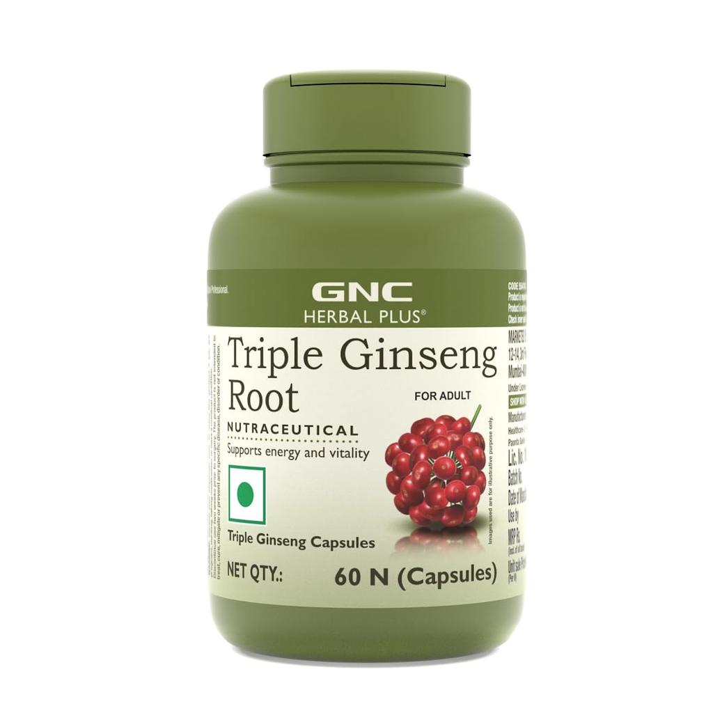 GNC Herbal Plus Тройной женьшень с корейским, американским и сибирским женьшенем | 60 капсул | 700 мг | Укрепляет иммунитет | Повышает силу и выносливость | I