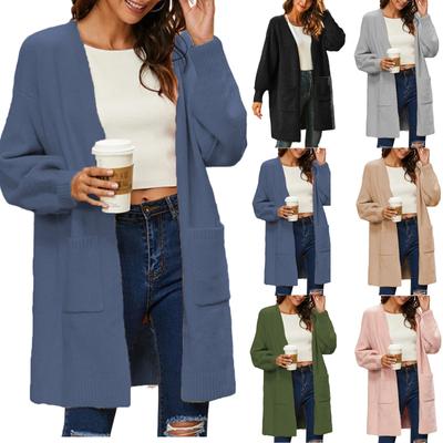 Женский однотонный повседневный кардиган с длинными рукавами и карманами, вязаный универсальный свободный свитер-куртка