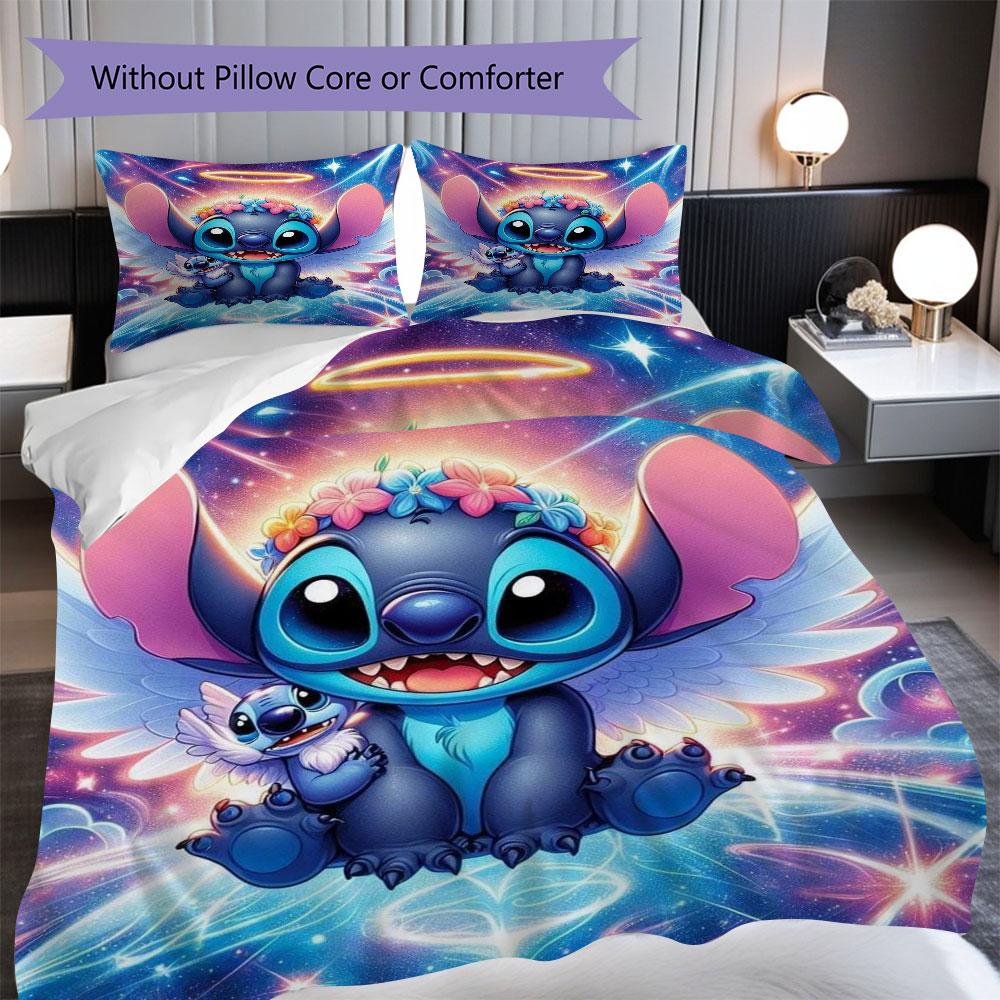 Stitch and Angels cartoon print print coreless bed sheet set(1 Duvet Cover + 2 Pillowcases), soft and comfortable.