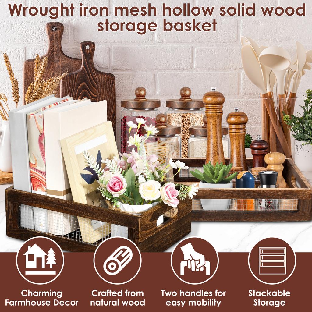 2Pcs Wooden Countertop Basket Stackable Storage Box With Wire Mesh Multipurpose Kitchen Bathroom Storage Organizer Magazine Rack