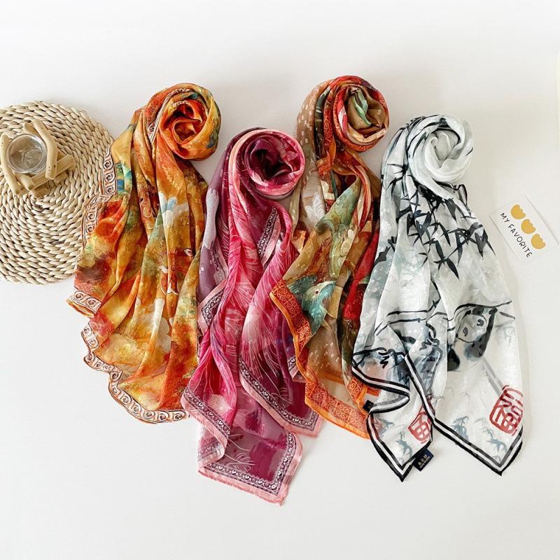 National Trend Panda Newspaper Bamboo Hollow Shawl for Women Plum Orchid Bamboo and Chrysanthemum Printed Silk Scarf Long High-end Sex Scarf