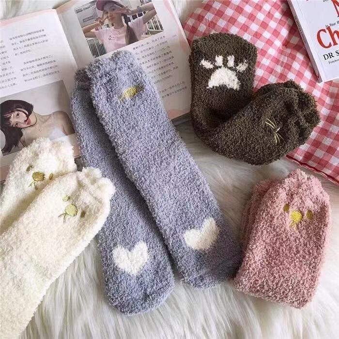 3/5 Pairs Winter Women Warm Socks Fluffy Plush Sleep Soft Cozy Girls Cute Cartoon Floor Socks