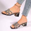 Fashion European and American Rhinestone Sandals Women's Summer Middle Heel Sandals Women's New Fashion One-word Women's Slippers